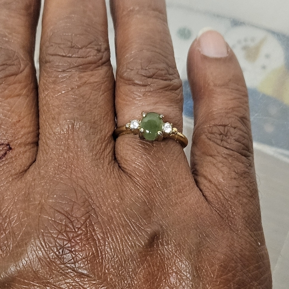 Vintage Avon Faux Jade and Crystal Gold-tone Ring, Size 7.25